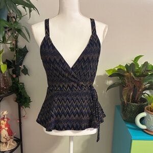 Altar'd State Navy and Gold Zigzag Wrap Blouse